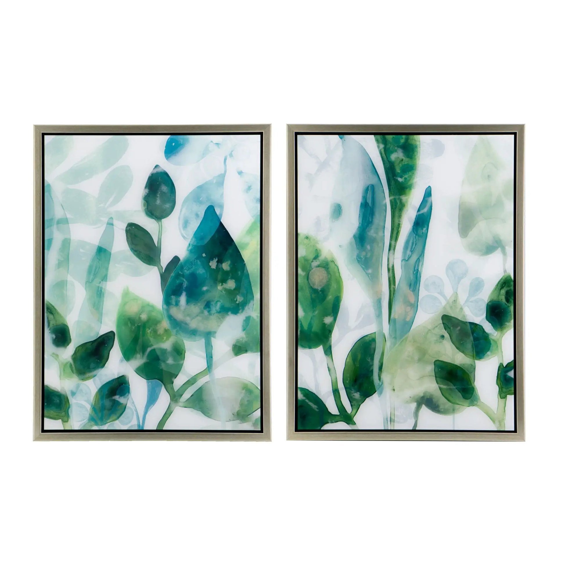 Framed Printed Acrylic Wall Art set of 2 with white/green abstract leaves in slim frames on Tampa Home & Garden Store
