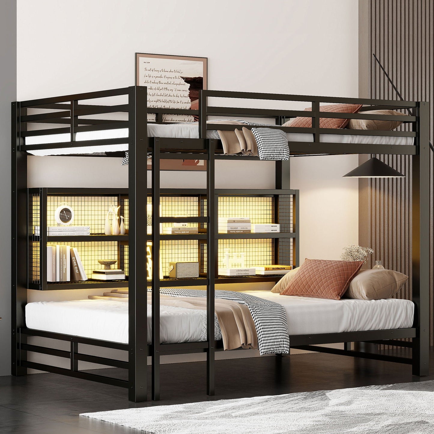 Queen over Queen bunk bed by HouseOfZazla black metal with 6 storage units and LED lights on Tampa Home & Garden Store