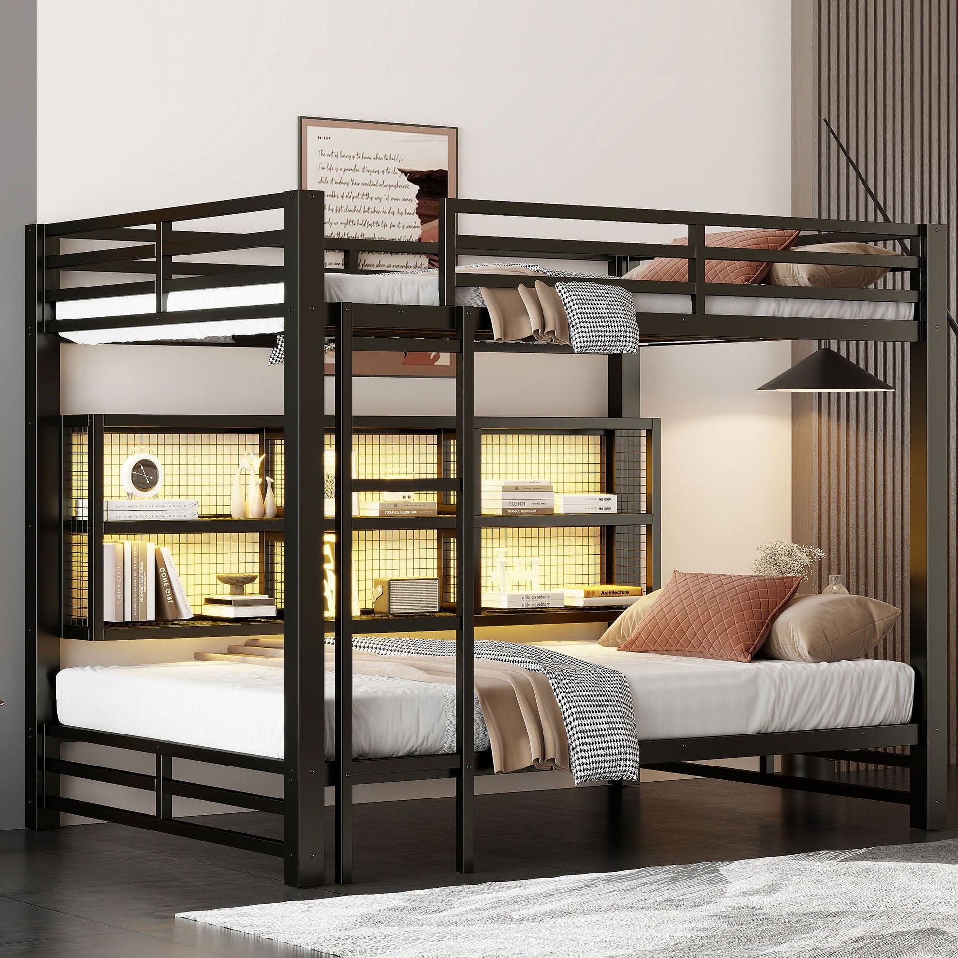 Queen over Queen bunk bed by HouseOfZazla black metal with 6 storage units and LED lights on Tampa Home & Garden Store