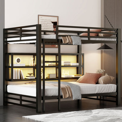 Queen over Queen bunk bed by HouseOfZazla black metal with 6 storage units and LED lights on Tampa Home & Garden Store