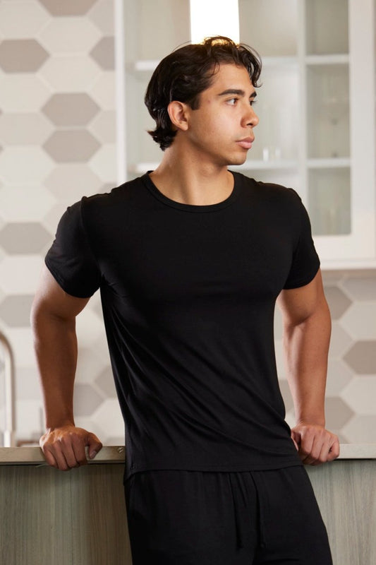 Men's Soft Bamboo Lounge Short Sleeve T-Shirt by Spun Bamboo in black worn by a man on Tampa Home & Garden Store