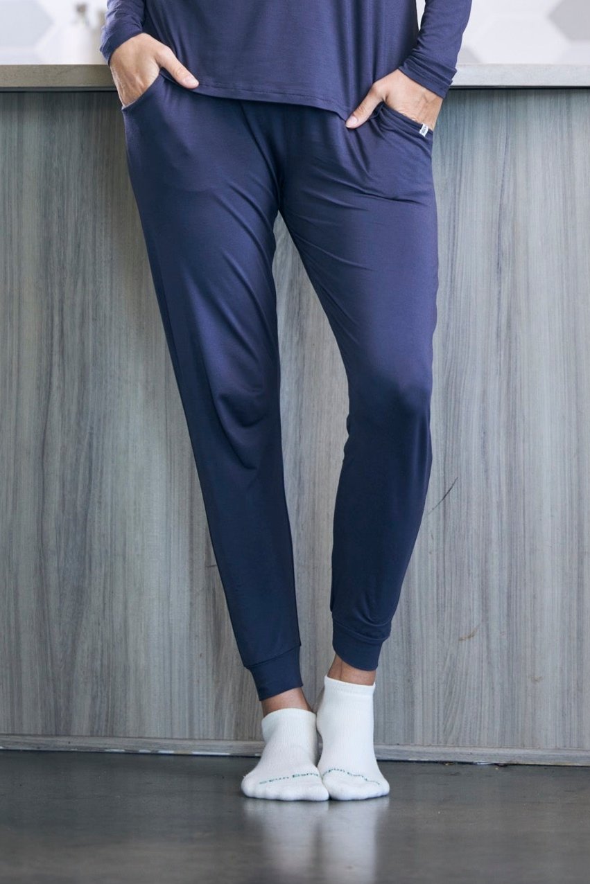 Women's Bamboo Lounge Jogger Pants navy by Spun Bamboo, tapered with cuffed ankles on Tampa Home & Garden Store