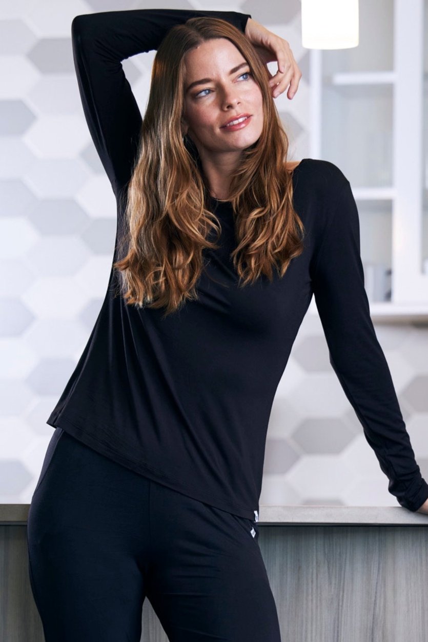 Women's Bamboo Lounge Long Sleeve T-Shirt black by Spun Bamboo worn by a model posing on Tampa Home & Garden Store