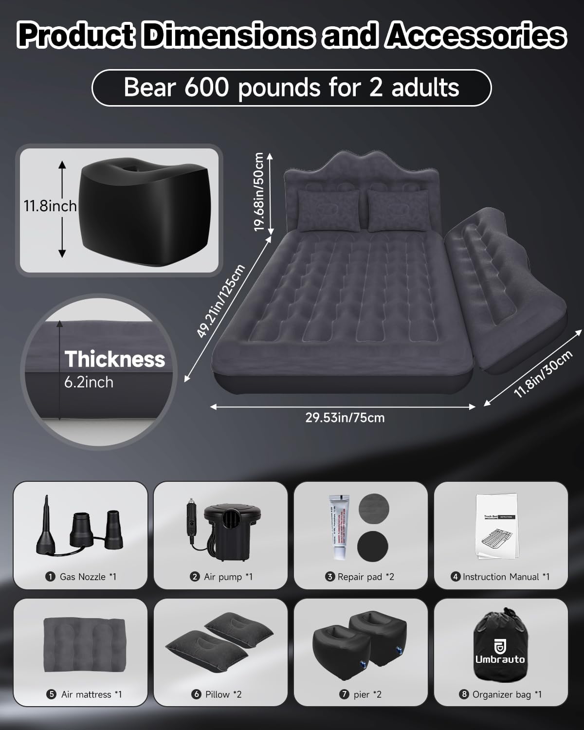 Umbrauto backseat car air mattress in gray with two pillows; includes pump on Tampa Home & Garden Store