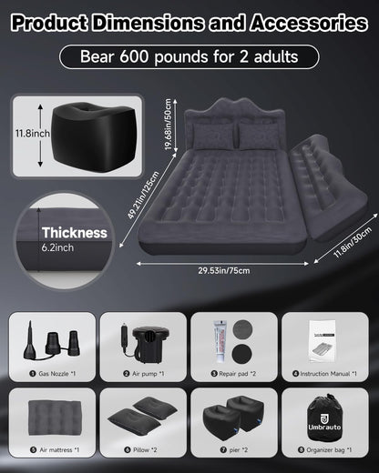 Umbrauto backseat car air mattress in gray with two pillows; includes pump on Tampa Home & Garden Store