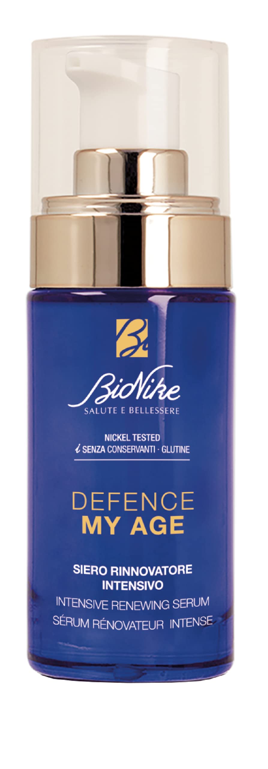 BioNike Defence My Age Face Serum blue bottle with gold pump and clear cap on Tampa Home & Garden Store