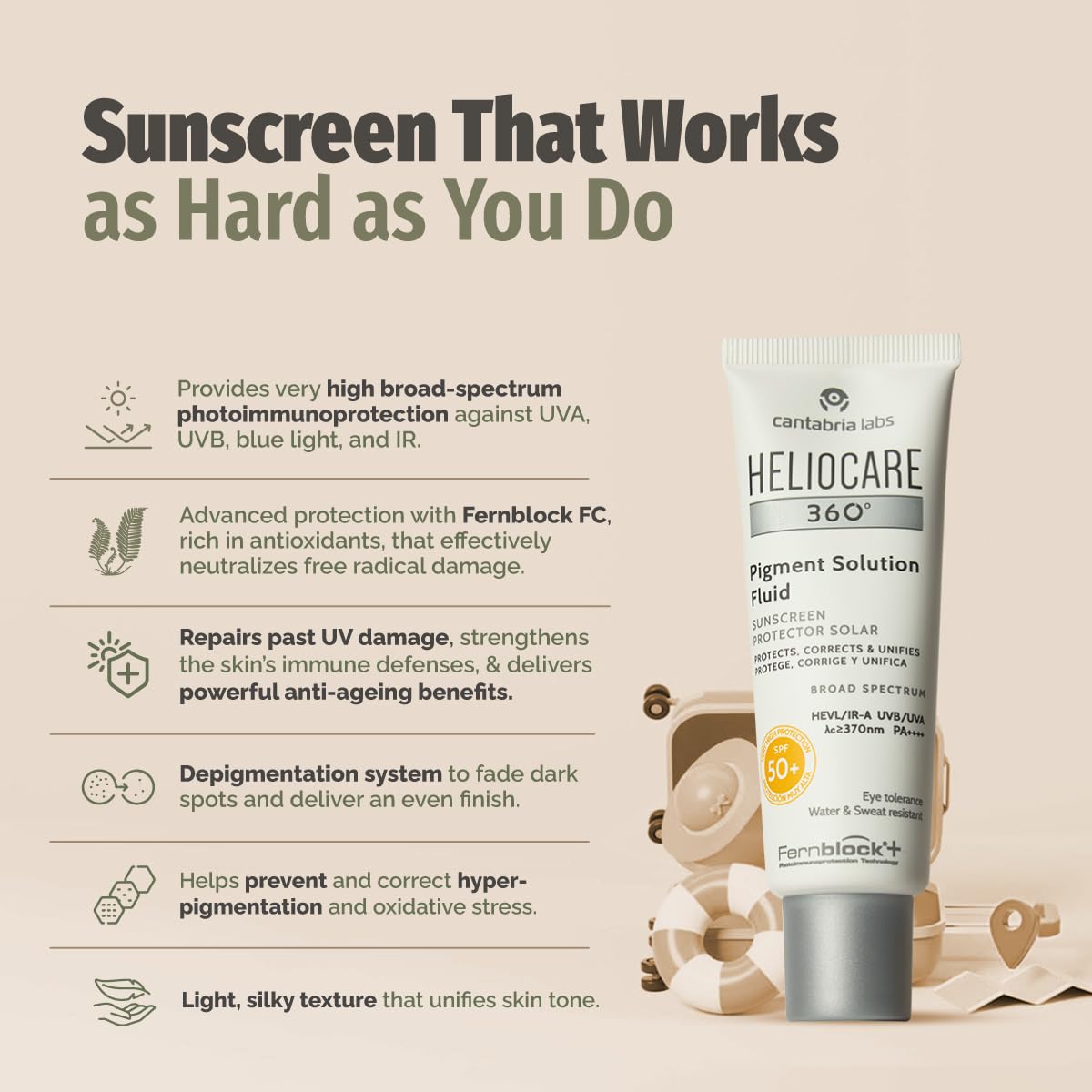 Heliocare Sunscreen Fluid SPF50+ tube by Cantabria Labs, water-resistant, non-greasy formula on Tampa Home & Garden Store