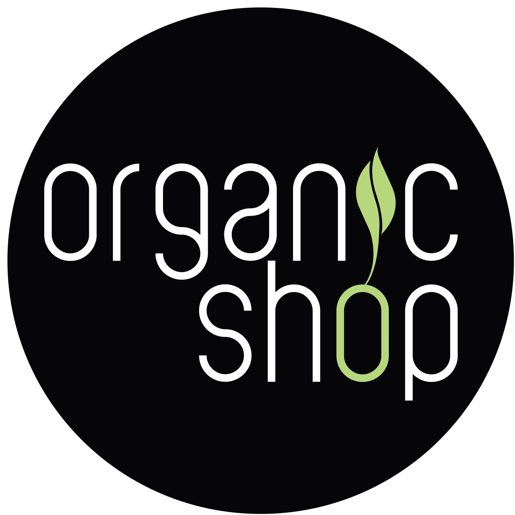 Exfoliator logo for Organic Shop Lychee & Bubble Gum Body Scrub on a black circular badge with white lettering and a green leaf on Tampa Home & Garden Store