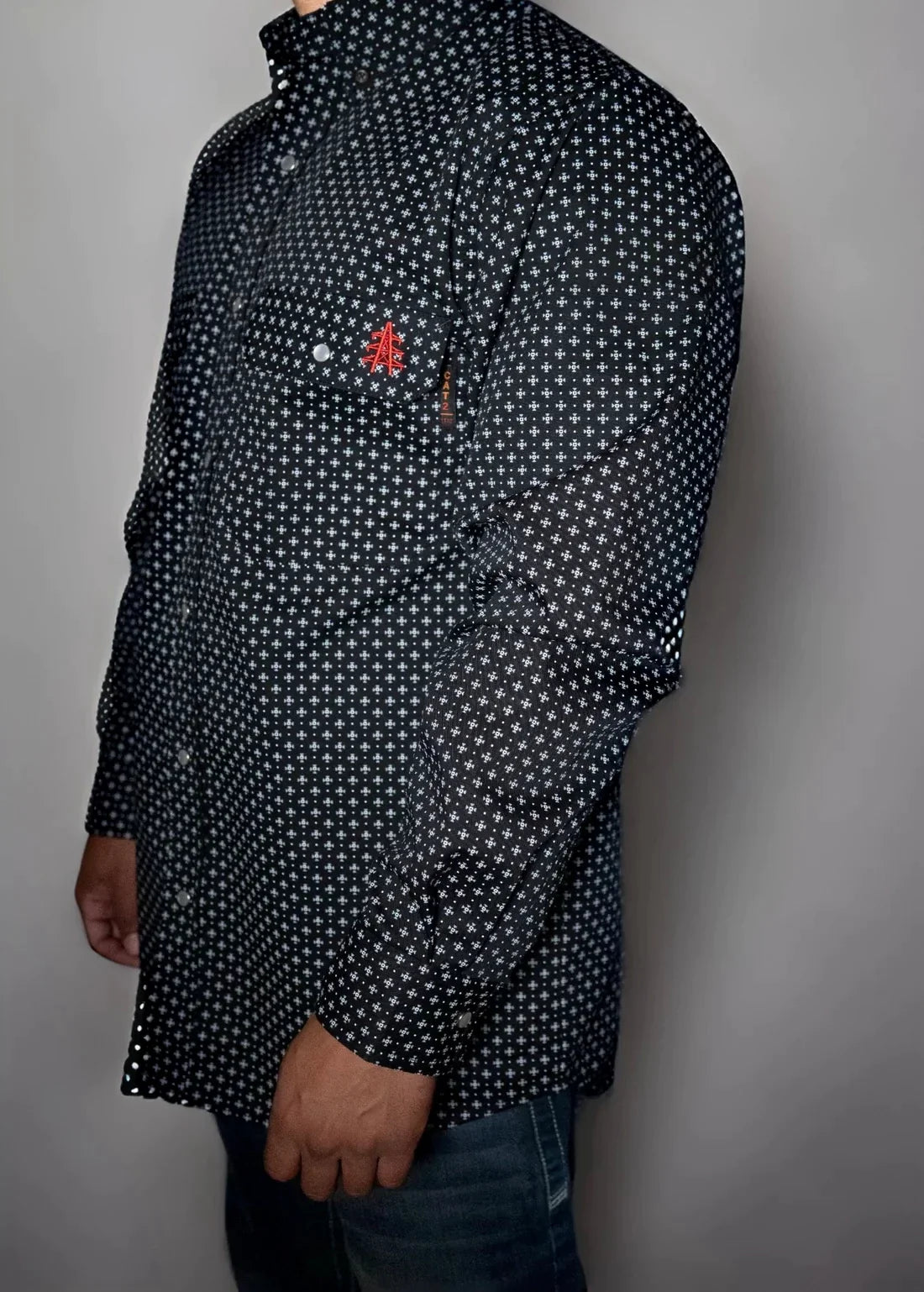 FR Pearl Snap Work Shirt Reaper Black by Static FR; black shirt with small white cross pattern on Tampa Home & Garden Store
