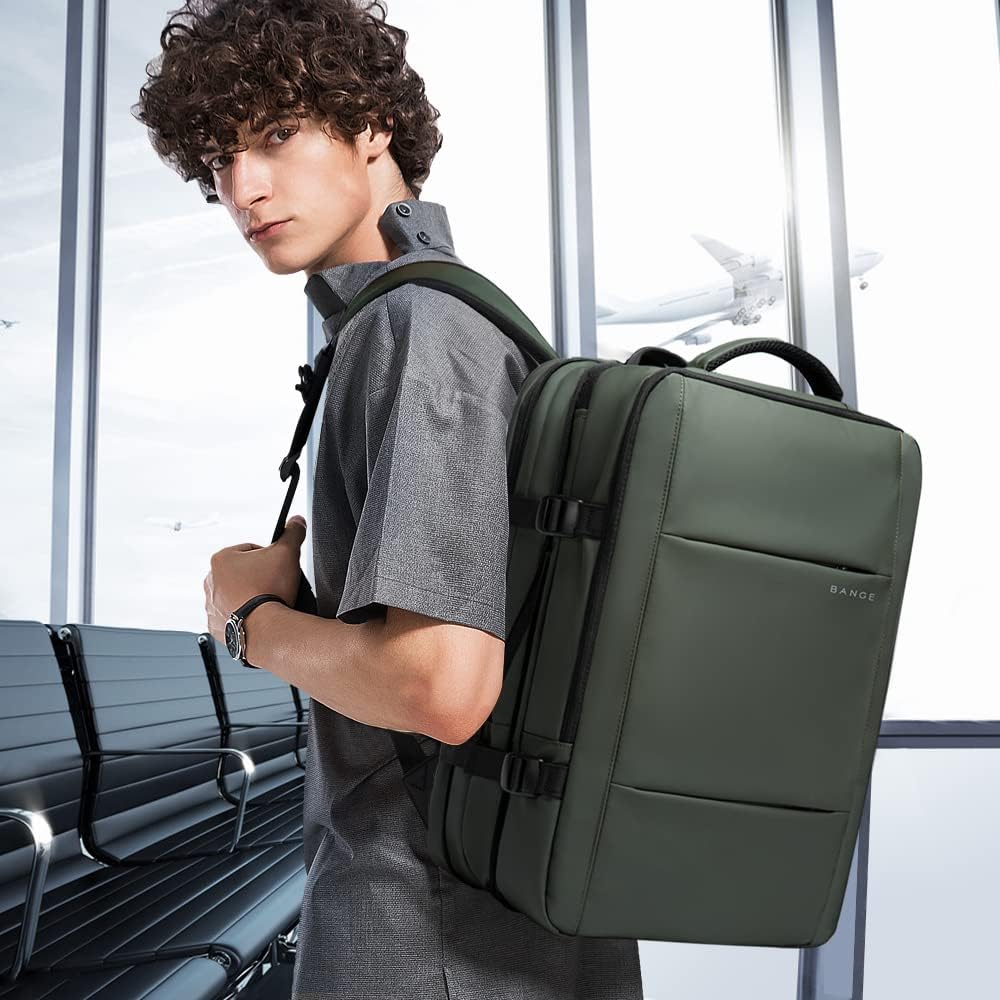Expandable travel backpack 26–45L Moktan Sabai, olive green, laptop-ready, BANGE logo visible on Tampa Home & Garden Store