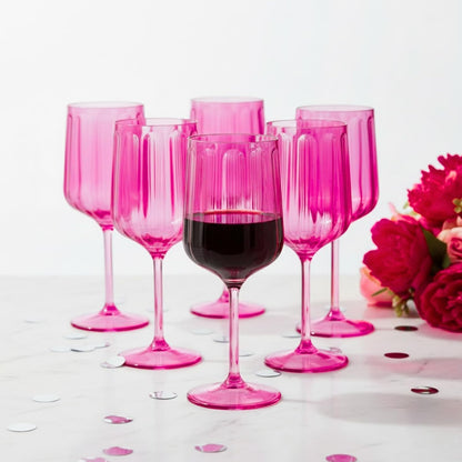 Set of Six Coral Acrylic Stemmed Wine Goblets