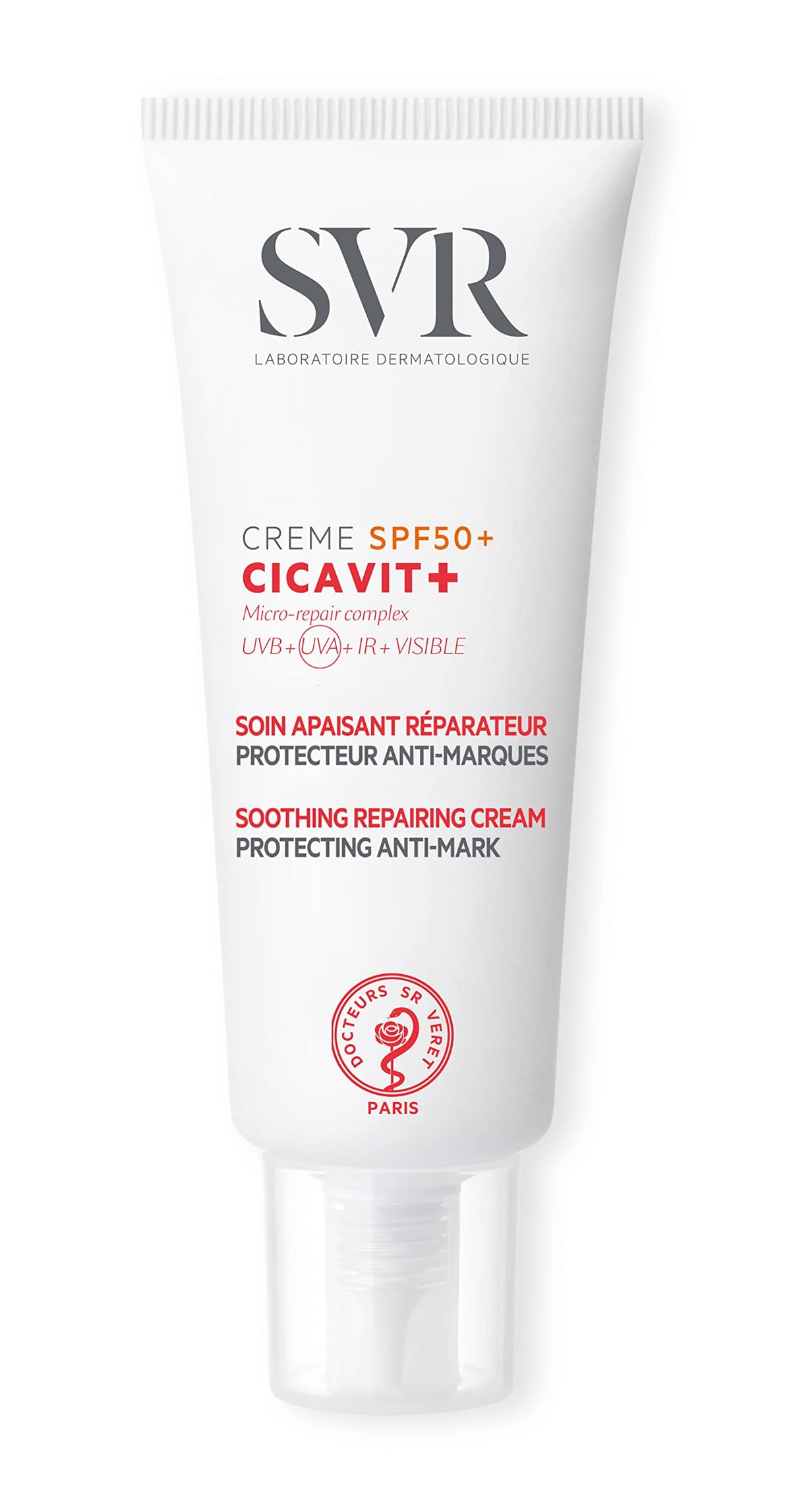 SVR Cicavit+ Cream SPF50+ 40ml tube, white packaging with gray SVR logo and red/orange text on Tampa Home & Garden Store