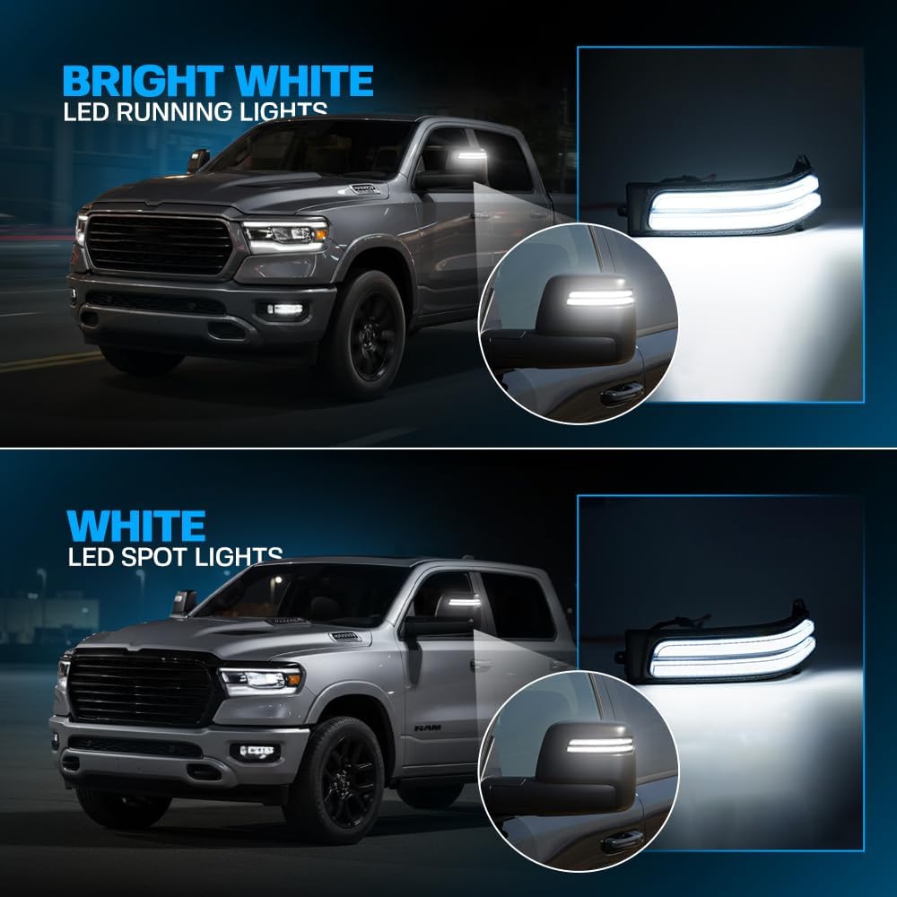Ram 2023-2026+ smoked white amber LED tow mirror lights for interior/exterior on two Ram trucks on Tampa Home & Garden Store