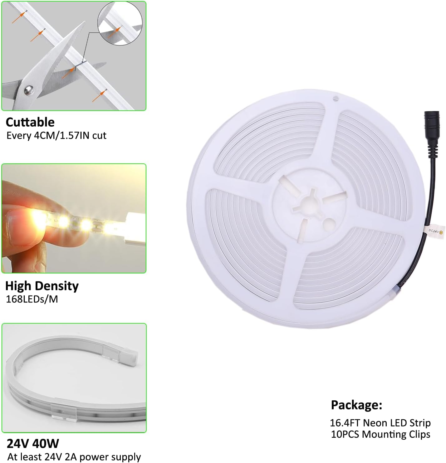 SLN01 – bande lumineuse LED néon COB sans points, 16,4 pieds (5M), DC24V, 60W, IP67, 10x10MM, pour l'extérieur, variable, basse tension, corde en Silicone