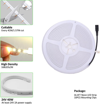 SLN01 – bande lumineuse LED néon COB sans points, 16,4 pieds (5M), DC24V, 60W, IP67, 10x10MM, pour l'extérieur, variable, basse tension, corde en Silicone