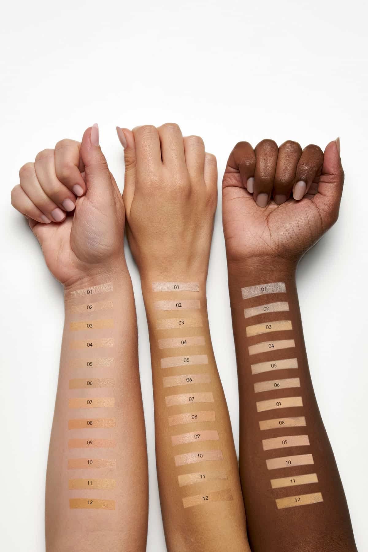 Golden Rose Total Cover 2 in 1 Foundation & Concealer swatches on three arms shades 01–12 on Tampa Home & Garden Store