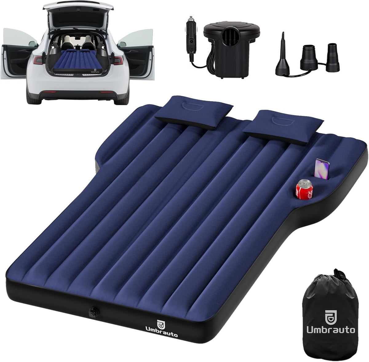Umbrauto blue thick SUV air mattress for car camping with pump, adapters, and carry bag on Tampa Home & Garden Store