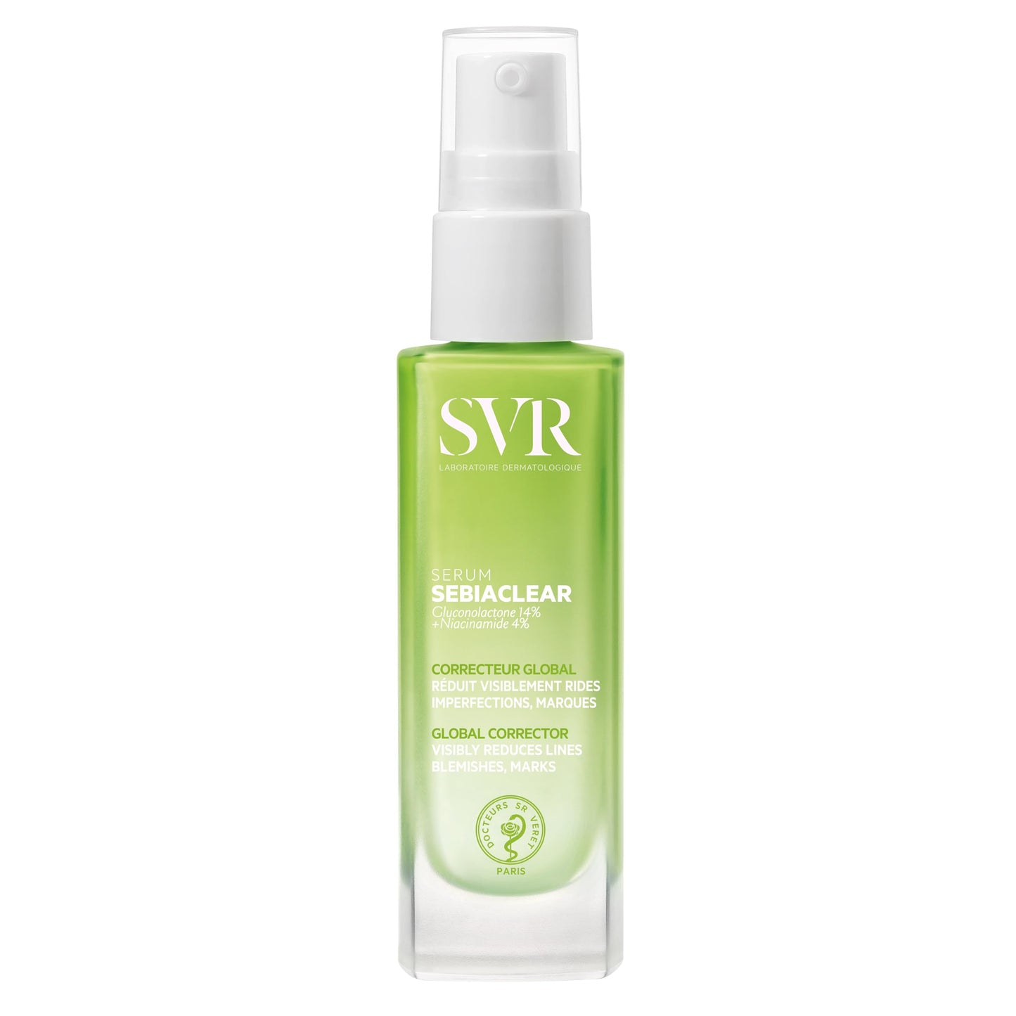 Serum SVR Sebiaclear bottle with white pump on bright green container on Tampa Home & Garden Store