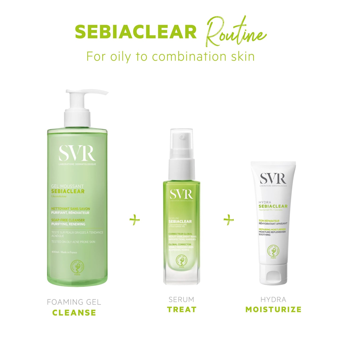 SVR Sebiaclear skincare set: gel cleanser, serum, Hydra moisturizer in green bottles and white tubes on Tampa Home & Garden Store