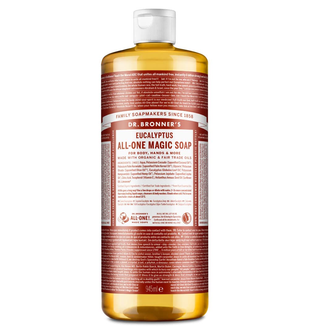 Dr. Bronner's Eucalyptus All-One Magic Soap bottle, amber plastic, white cap on Tampa Home & Garden Store