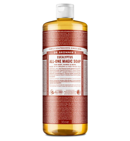 Dr. Bronner's Eucalyptus All-One Magic Soap bottle, amber plastic, white cap on Tampa Home & Garden Store