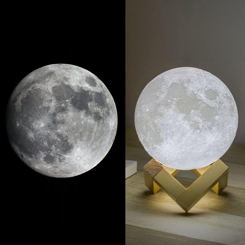 Moon lamp by Stevvex, 3D printed lunar glow with USB charging, touch control, wooden stand on Tampa Home & Garden Store