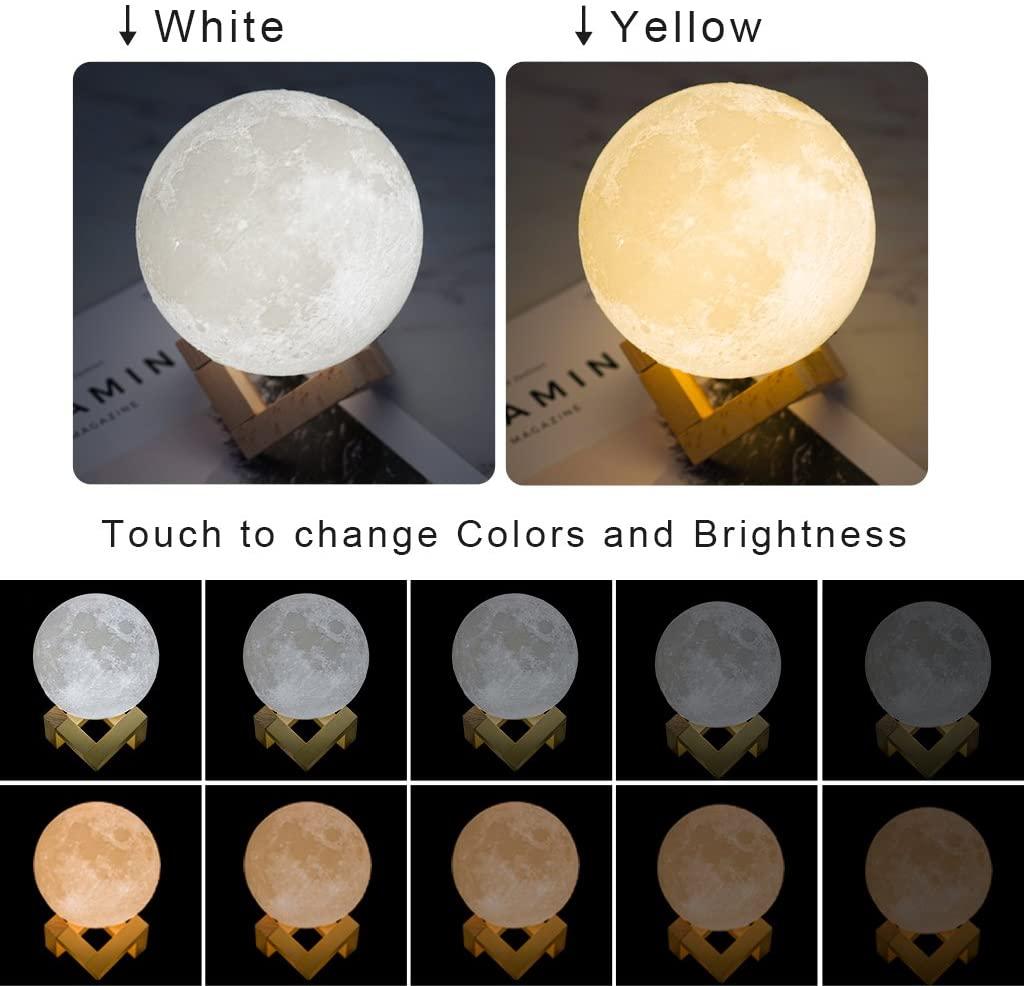 Moon Lamp lunar night light by Stevvex on a wooden stand with white and warm yellow glow on Tampa Home & Garden Store