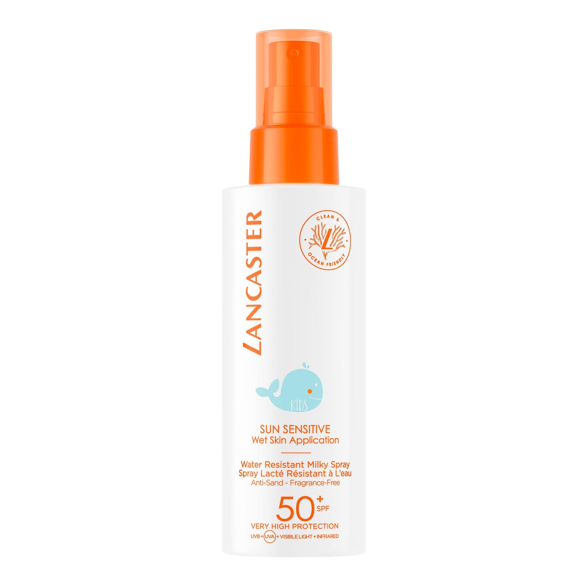 Lancaster Sun Sensitive Kids Milky Spray SPF50 sunscreen bottle with orange pump and whale icon on Tampa Home & Garden Store