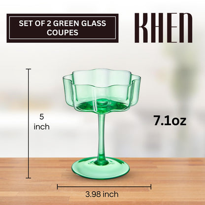 Jade Green Flower Champagne Coupes Set of Two
