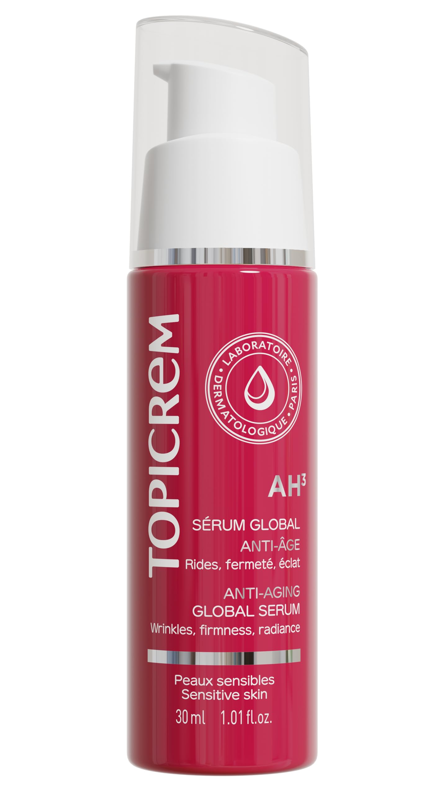 Topicrem Anti-Aging Serum AH3 Global in pink bottle with white pump and circular dermatology logo on Tampa Home & Garden Store