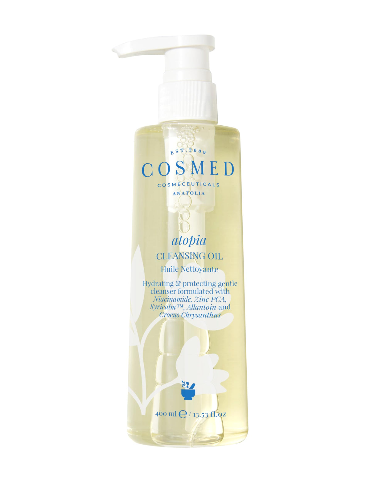 Cosmed Atopia cleansing oil pump bottle with pale yellow liquid 400 ml blue logo Tampa on Tampa Home & Garden Store