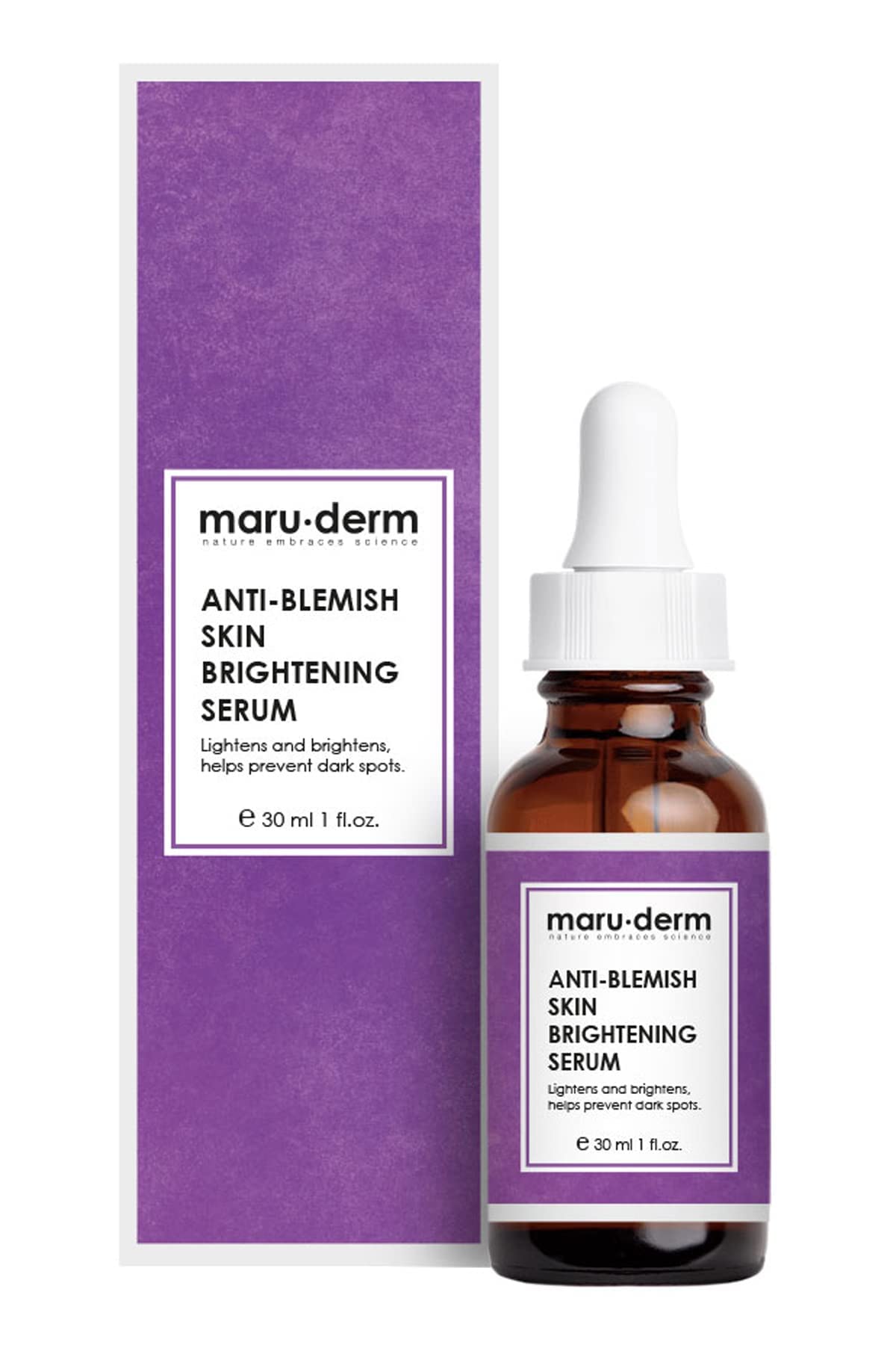 Maru-derm Anti-Blemish Skin Brightening Serum, 30 ml amber dropper bottle beside purple box on Tampa Home & Garden Store