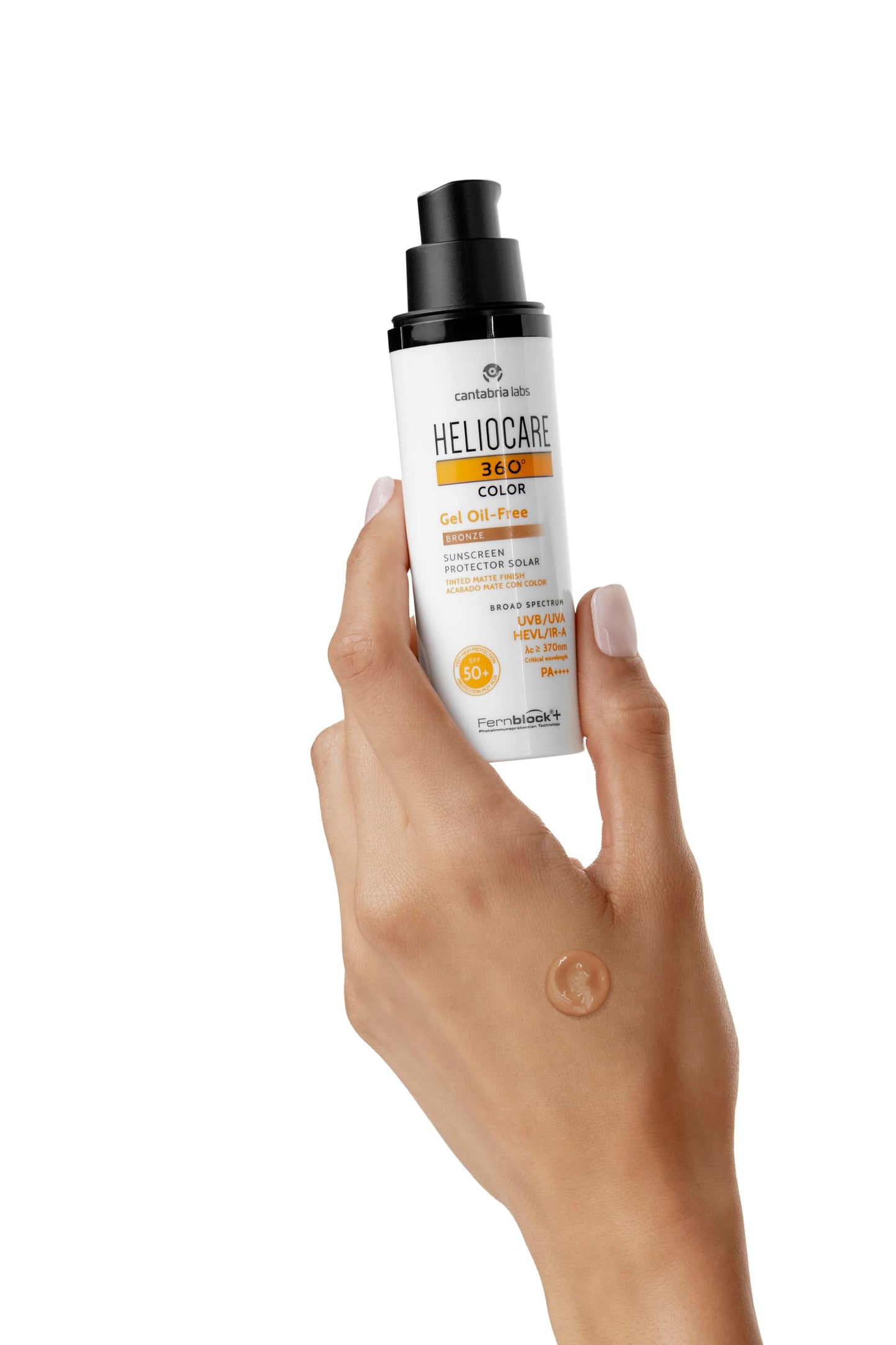 Heliocare 360 Gel Oil-Free Bronze SPF 50 sunscreen bottle held in hand by Beauty Care Bag on Tampa Home & Garden Store
