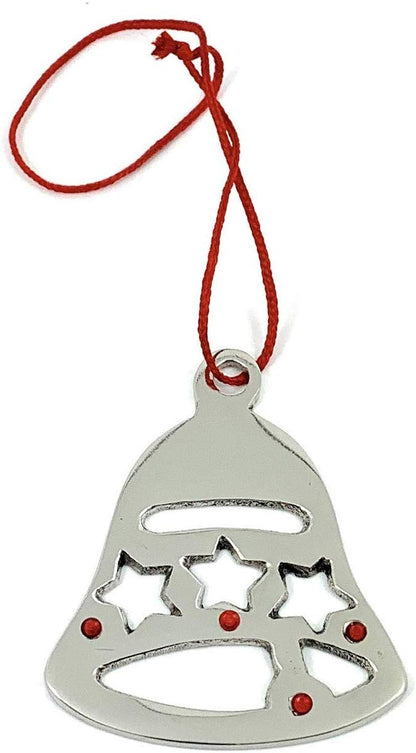 Vibhsa Christmas bell ornament with star cutouts and red accents, silver finish on red cord on Tampa Home & Garden Store