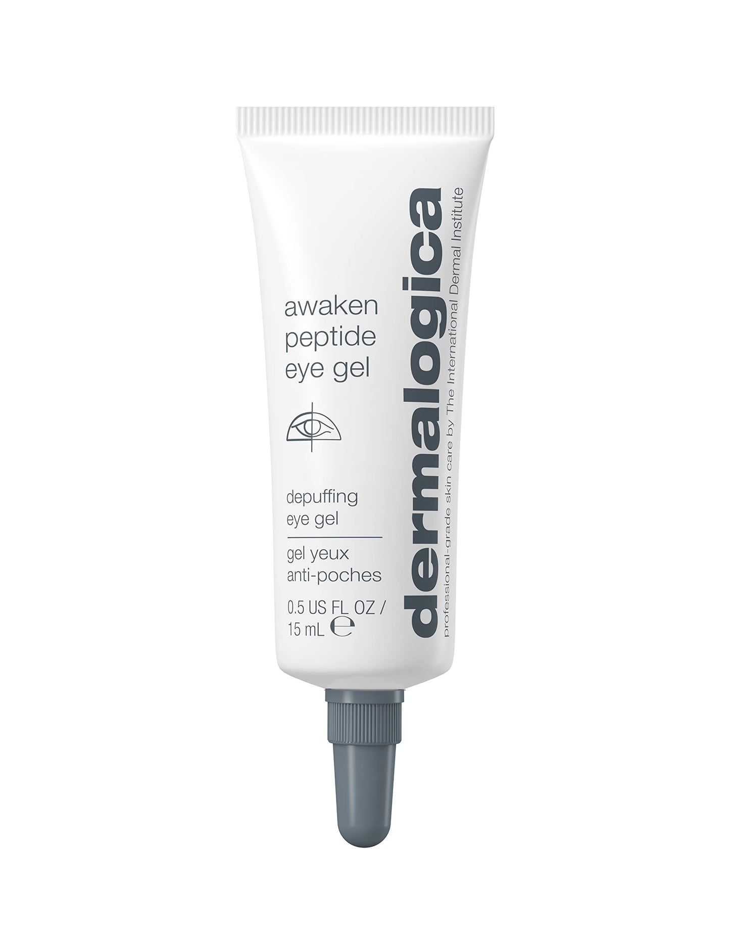 Awaken peptide eye gel by Dermalogica in a white tube with gray cap depuffing eye gel on Tampa Home & Garden Store