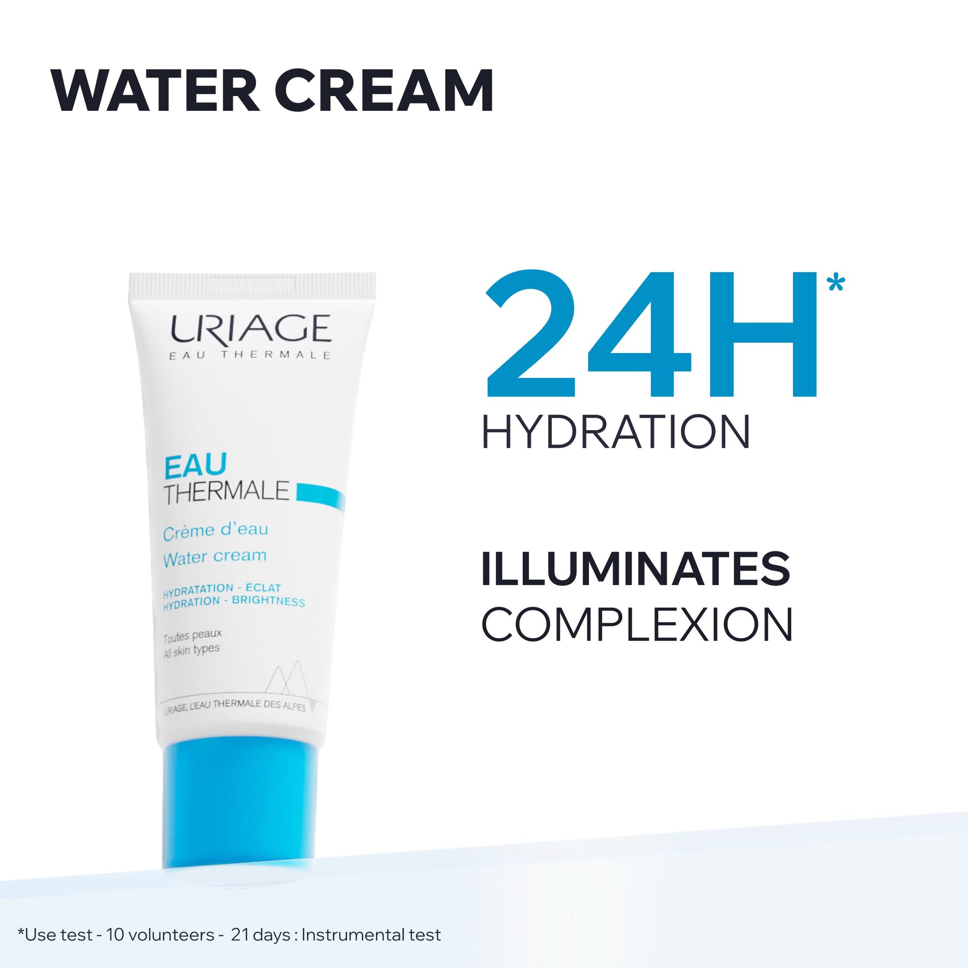 Uriage Eau Thermale water cream tube with bright blue cap on white packaging, hydration 24H label visible on Tampa Home & Garden Store