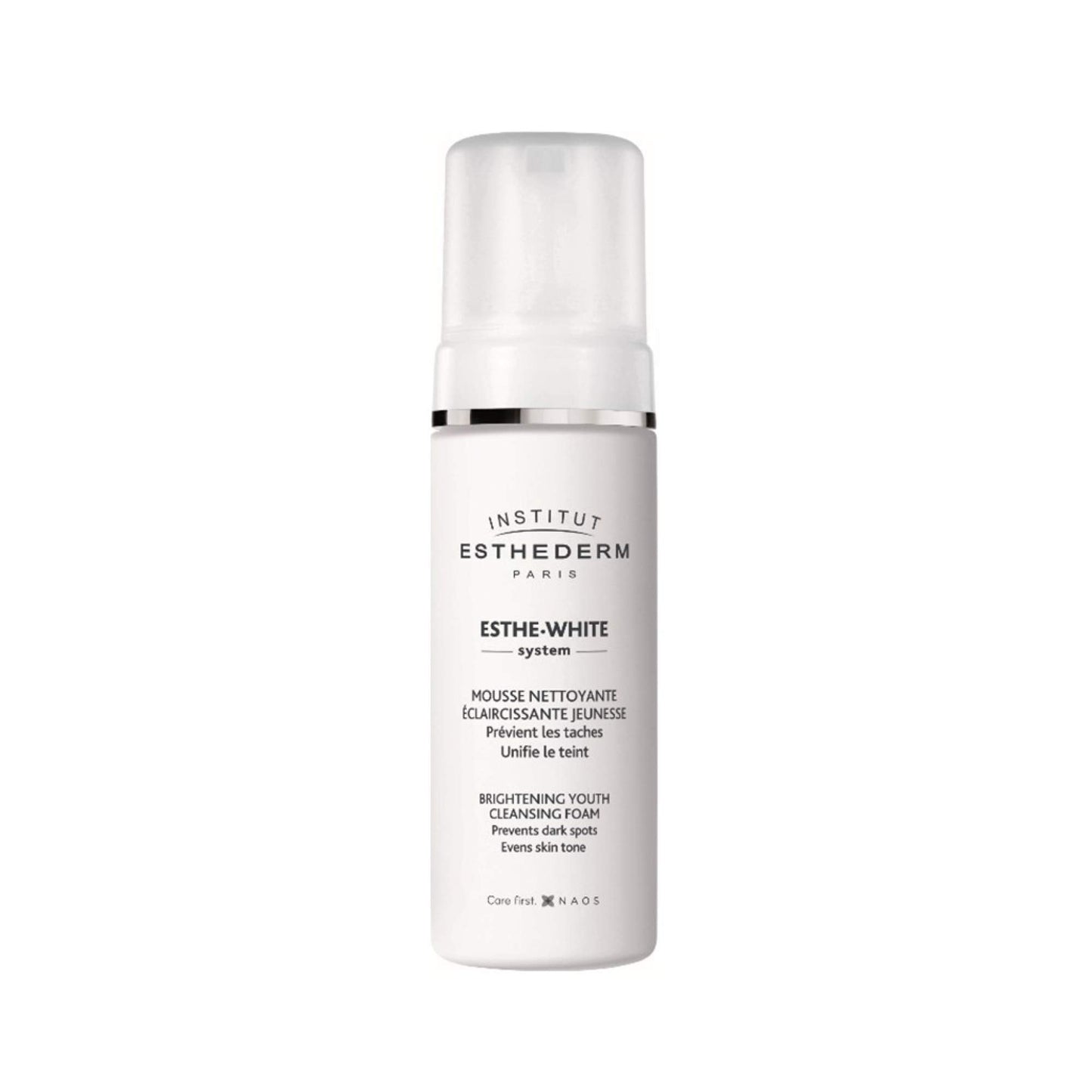 Esthederm Esthe-White Brightening Youth Cleansing Foam pump bottle white with silver collar on Tampa Home & Garden Store