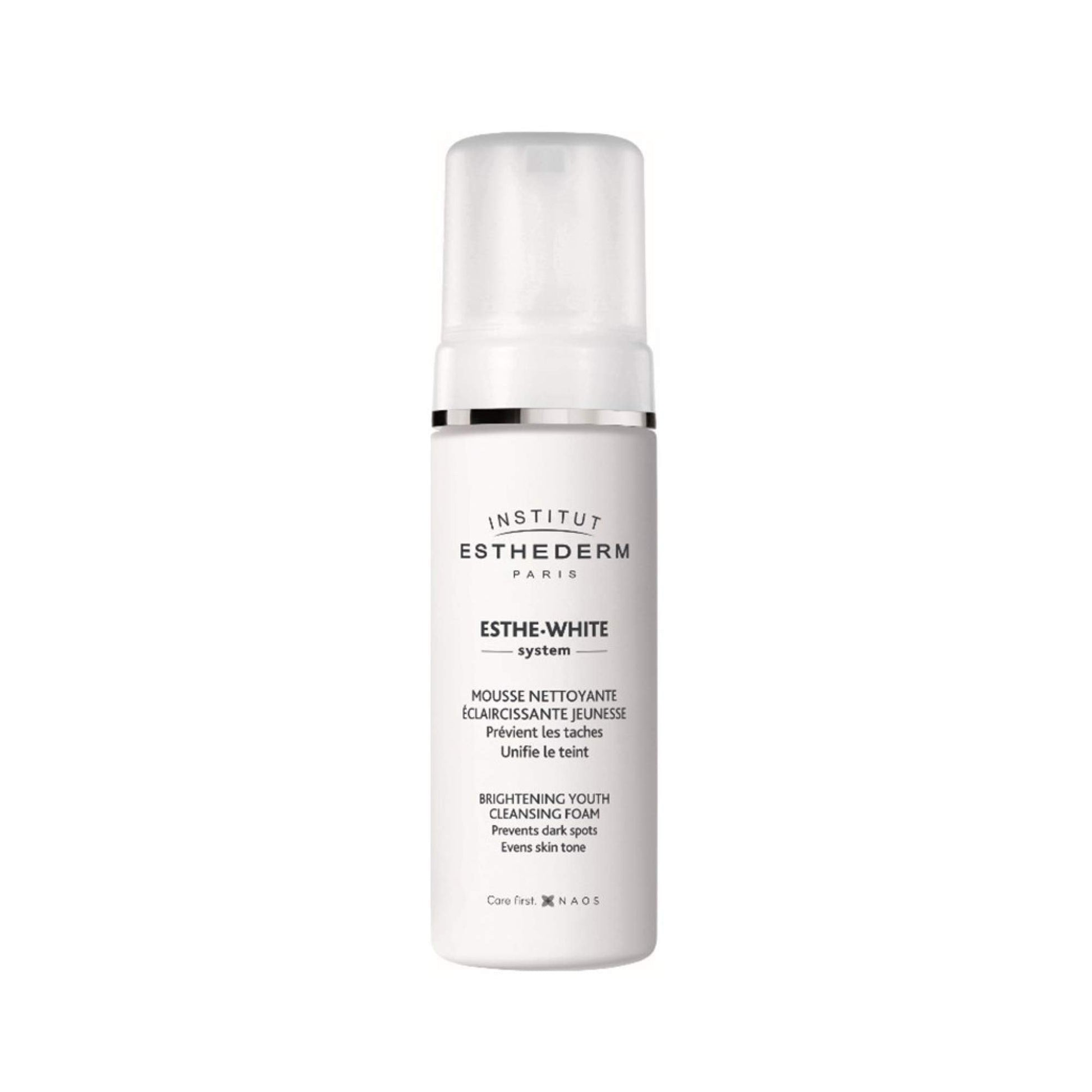 Esthederm Esthe-White Brightening Youth Cleansing Foam pump bottle white with silver collar on Tampa Home & Garden Store