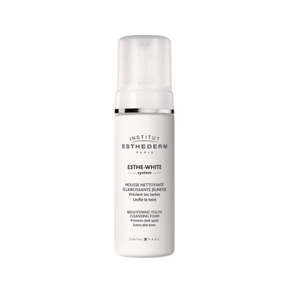 Esthederm Esthe-White Brightening Youth Cleansing Foam pump bottle white with silver collar on Tampa Home & Garden Store