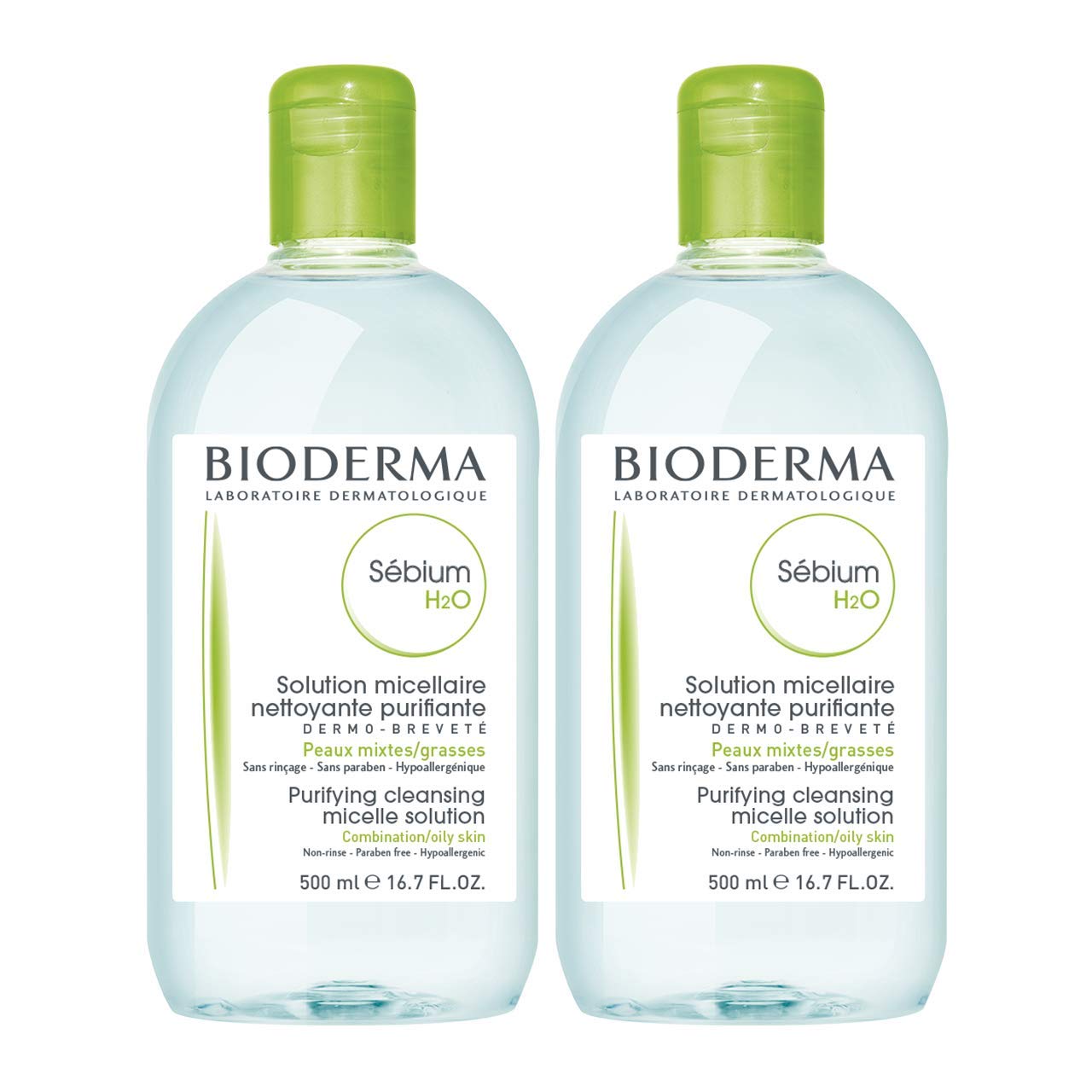 Bioderma Sebium H2O purifying cleansing micelle solution, 2 x 500 ml bottles with green caps on Tampa Home & Garden Store