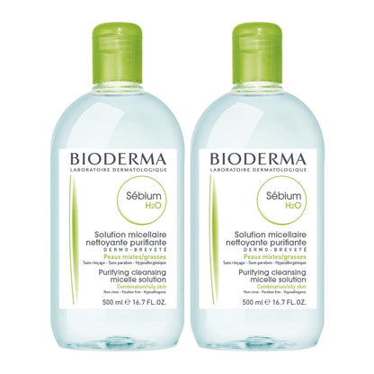 Bioderma Sebium H2O purifying cleansing micelle solution, 2 x 500 ml bottles with green caps on Tampa Home & Garden Store