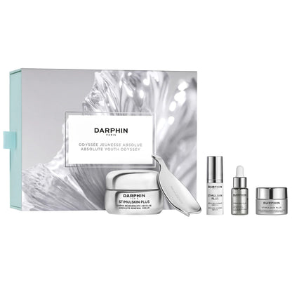 Darphin Absolute Youth Odyssey skincare set with eye cream and Stimulskin Plus serums in silver packaging on Tampa Home & Garden Store