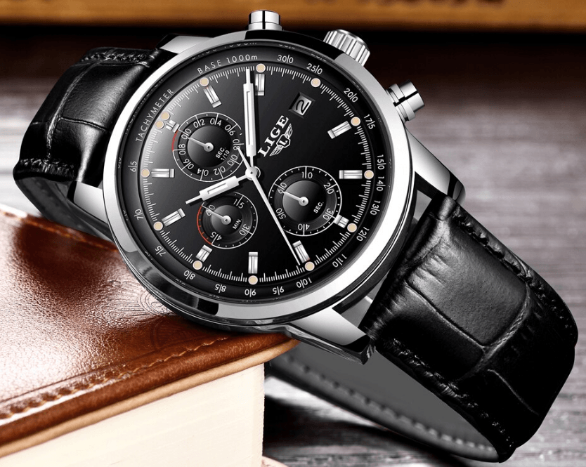 Men's black Stevvex chronograph watch with date display and fluorescent pointers on Tampa Home & Garden Store