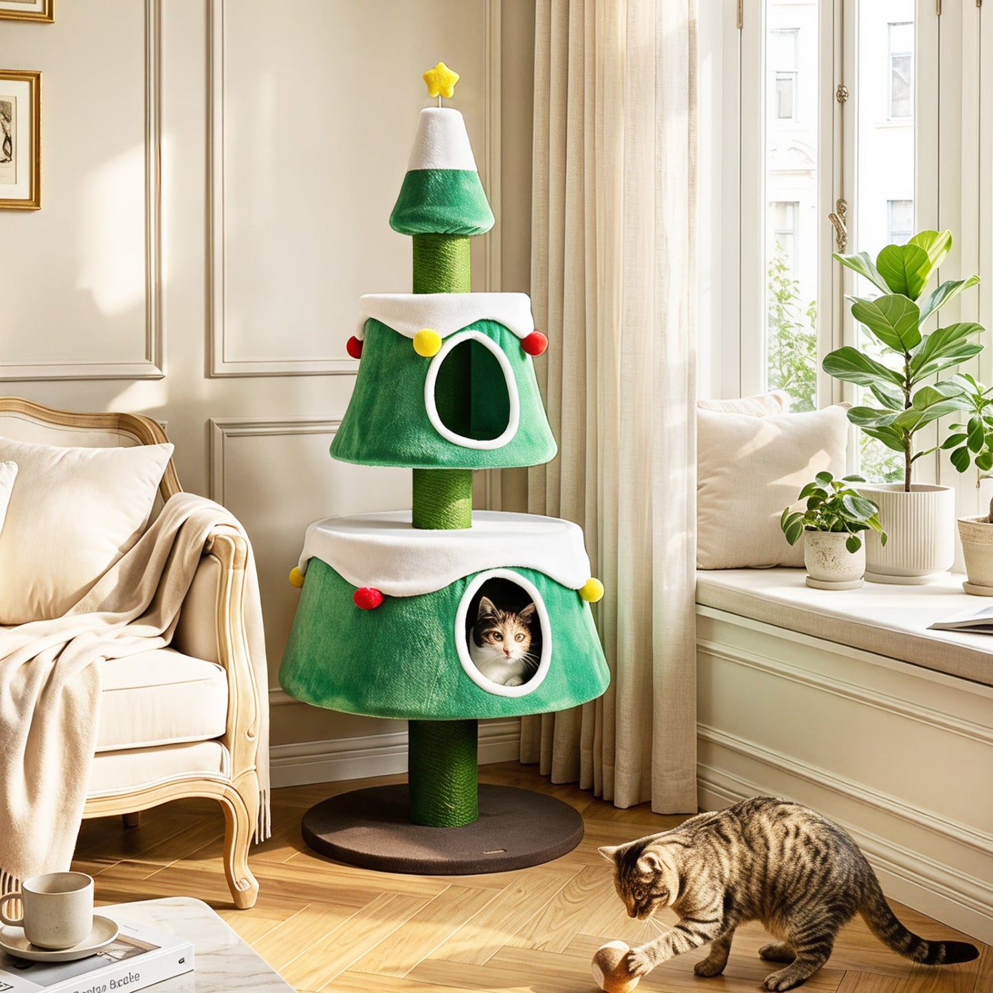 61.5in Christmas Tree Cat Tower by DirectDeals with 2 condos and scratching posts in green on Tampa Home & Garden Store