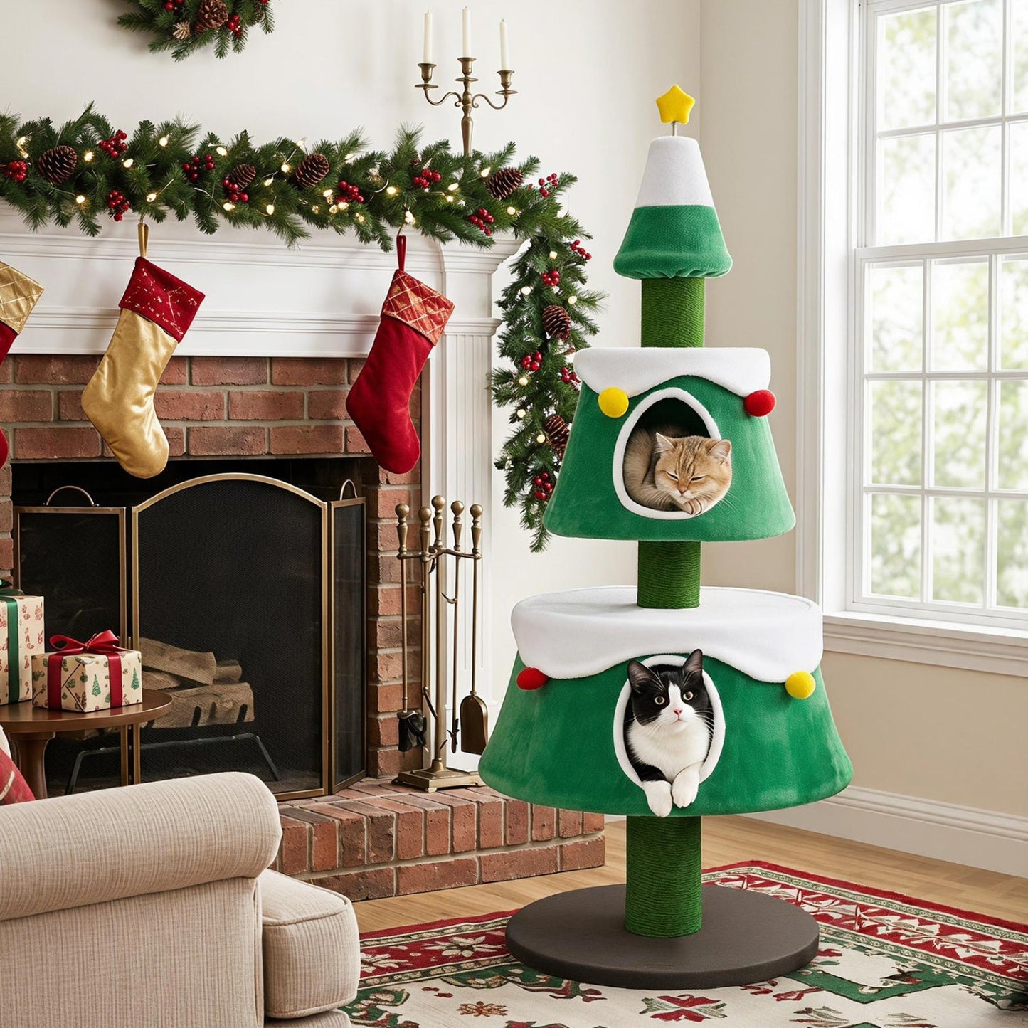 61.5in Christmas Tree Cat Tower by DirectDeals, green plush with 2 condos and scratching posts on Tampa Home & Garden Store