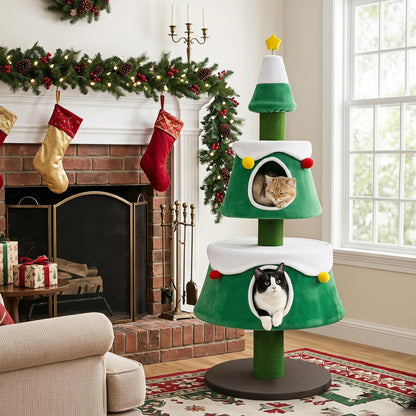 61.5in Christmas Tree Cat Tower by DirectDeals, green plush with 2 condos and scratching posts on Tampa Home & Garden Store