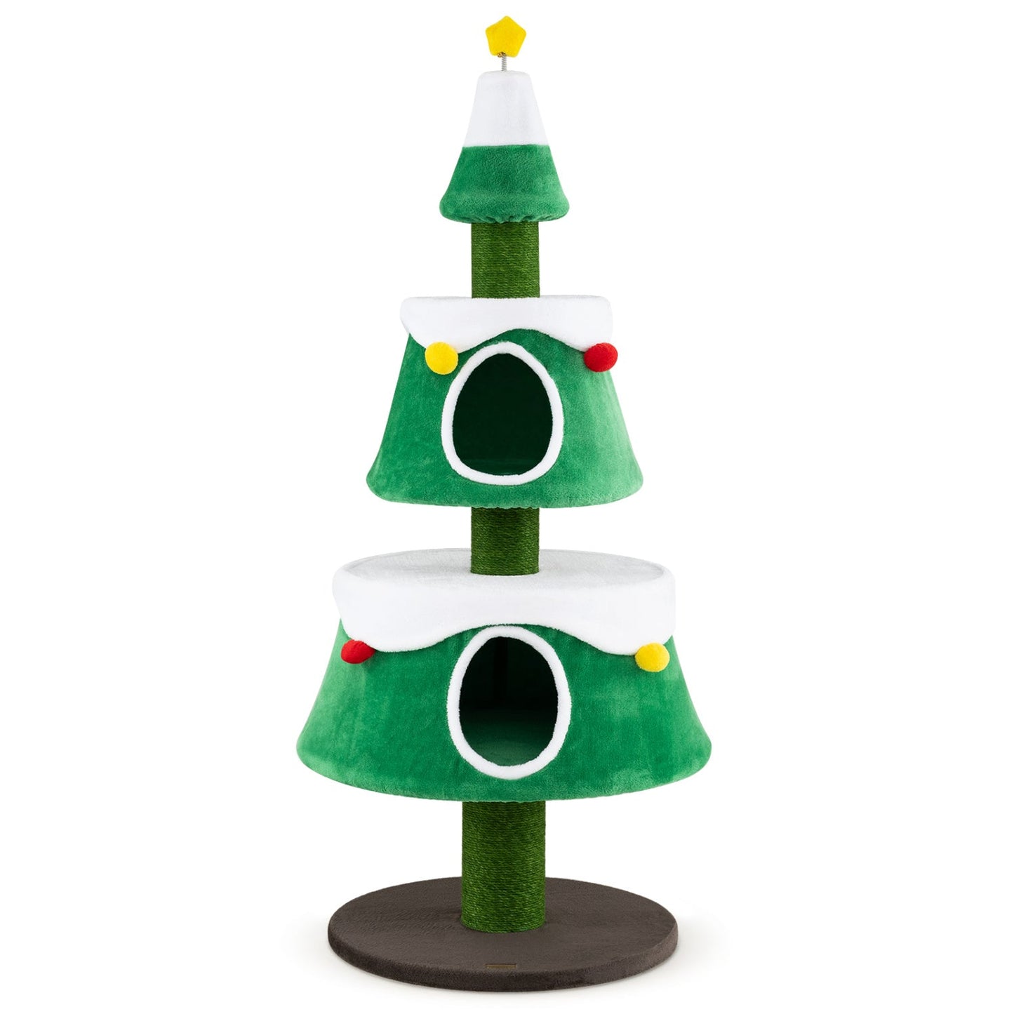 61.5in Christmas Tree Cat Tower with 2 Condos & Scratching Posts, green snow trim and pom-poms on Tampa Home & Garden Store