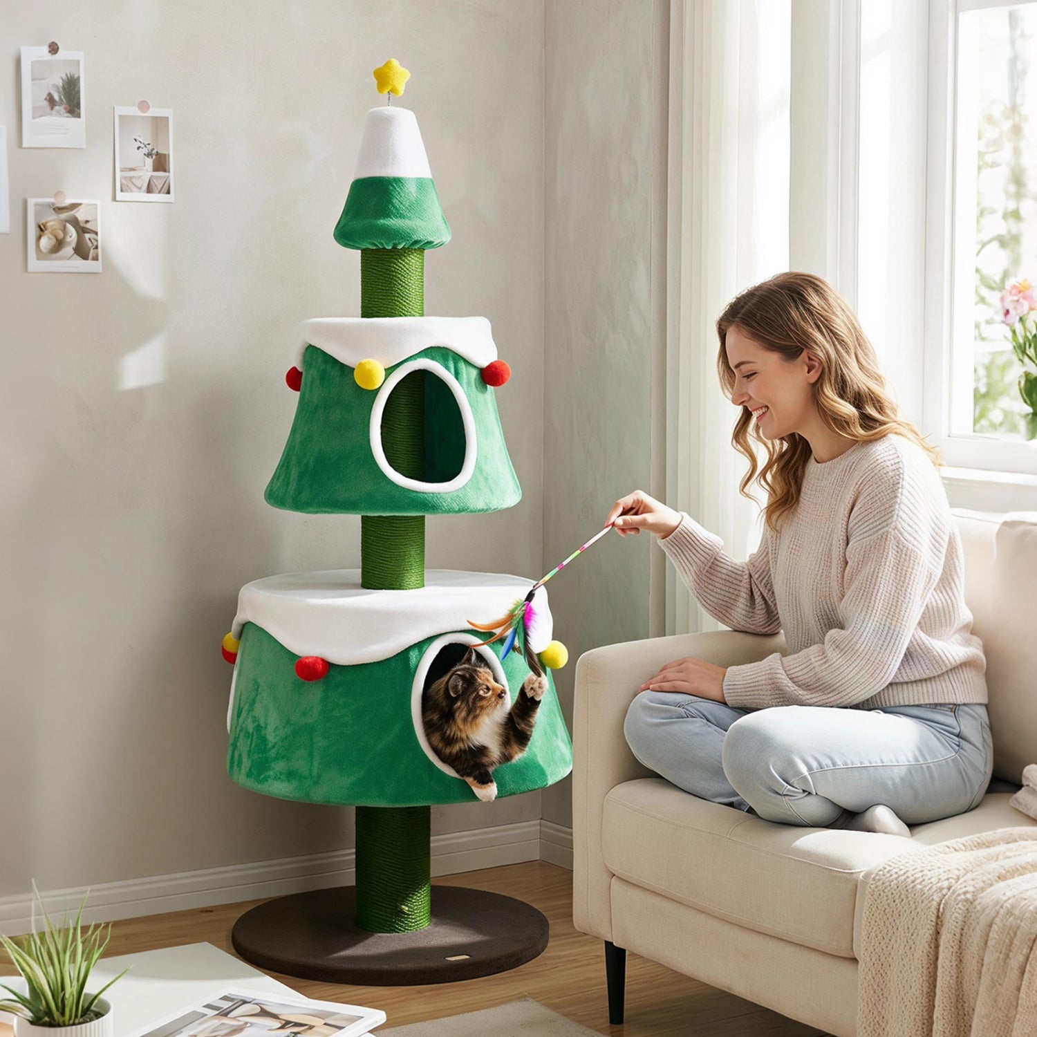 DirectDeals 61.5-inch green Christmas Tree Cat Tower with 2 condos, scratching posts on Tampa Home & Garden Store