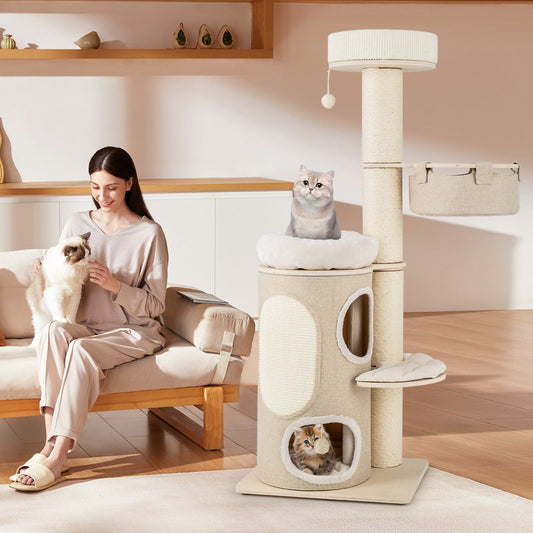 61 Inches Cat Tree for Indoor Cats with 2-stoery Condo and Top Perch-Natural - Tampa Home & Garden Store