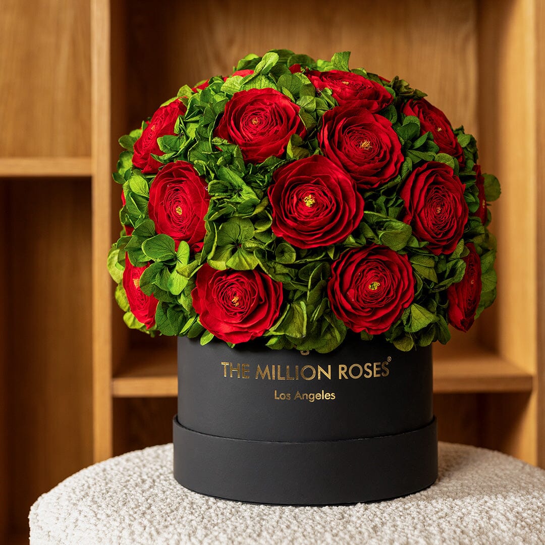 Classic Black Box bouquet with red Persian buttercups and green hydrangeas by The Million Roses on Tampa Home & Garden Store